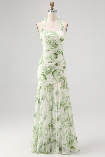 Green Flower A-Line Halter Pleated Long Bridesmaid Dress
